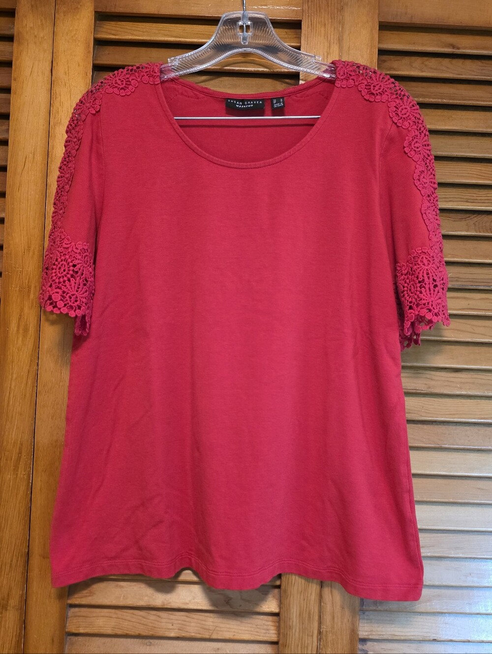 Susan Graver Weekend Crochet Lace Top Cherry Red M